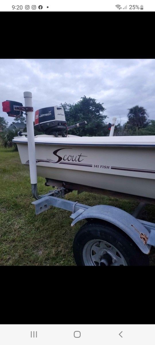 14 Ft Scout Skiff 141 25 Hp Johnson Two Stroke Outboard With Depth Finder Garmin GPS And Trolling Motor. Also Has Electric Start