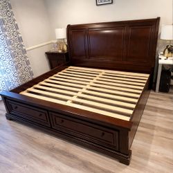 Solid Wood King Bed Frame with Storage Drawers- Dark Cherry Finish