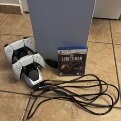 PS5, 2 Controllers, Cords, Video game.