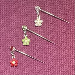 3 Steel Silver Tone Hijab Pins Red, Green & Clear Crystal Dangle Flowers Muslim Gift