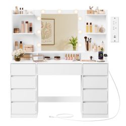 Vanity Desk with Mirror and 9 LED Bulbs, Modern Vanity Makeup Table with Power Outlets, Dressing Table with 9 Drawers, for Bedroom, Cloud White URDT14