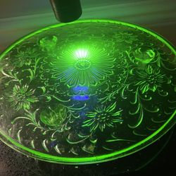 Vintage Uranium Glass Cake Plate- Green Glass 10”