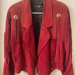 Rare vintage 80s 'Outerbound' Red real Suede Leather Fringe Jacket / Large Preloved / heavy  
