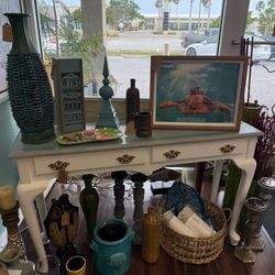 Vibrant Beautiful Coastal Sunset Top with Snow White Bottom Two Drawer Entry Table / Desk / Console