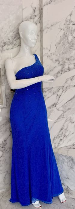 Vintage Alyce Designs Size 8 Blue Silk Beaded Rhinestone One Shoulder Prom Gown