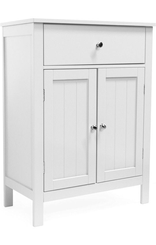 White Freestanding Bathroom Floor Cabinet, Spacious Storage Cabinet with 1 Drawer & 2 Adjustable Shelves for Essentials, Sturdy & Water-Resistant Bath