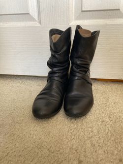 Tata Black Leather Slouch Boots US 5.5 Low Wedge Mid-Calf Round Toe T Charm