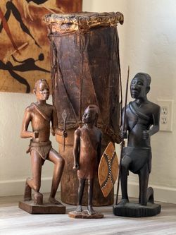 Antique African Drum + Hand-Carved Figures & Batik Art Collection