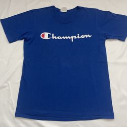 Men Champion Classic Logo Crew Neck Tee T-shirt Short Sleeve Top Blue Large L