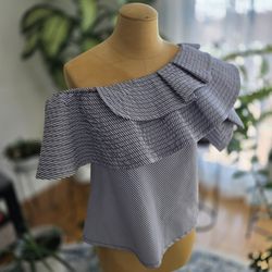 CRACIA Off-Shoulder Striped Blouse (#0107) Romantic Ruffle Top | Size M