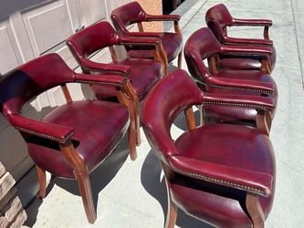 Set of 6 Vintage-Style Captain's Office Chairs – Oxblood Vinyl / Mahogany