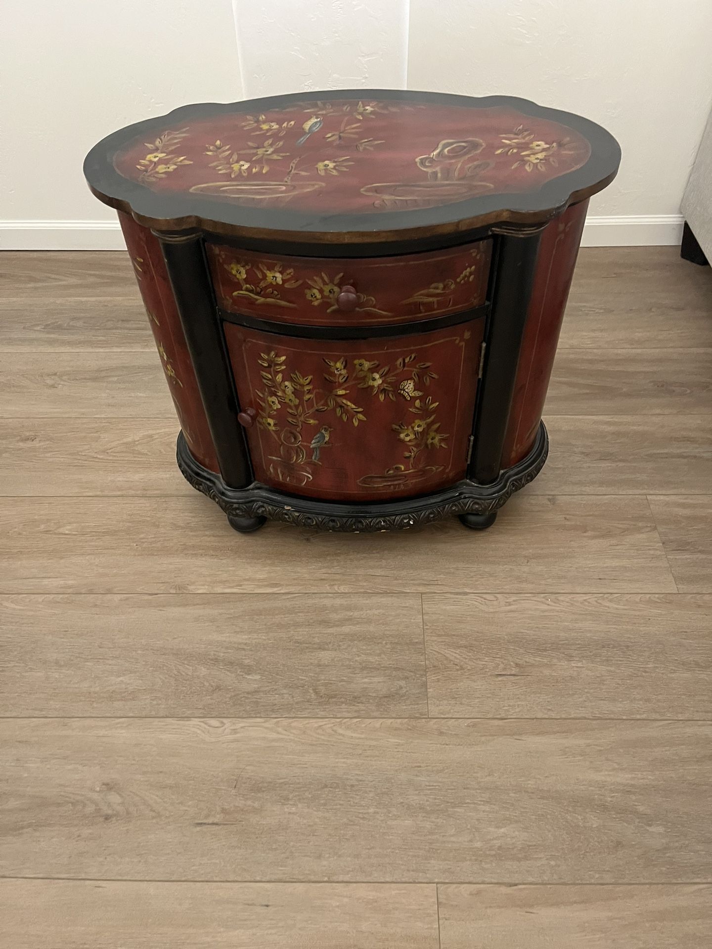 Chinese Console Cabinet Swing Door with Top Drawer Painted Garden Theme
