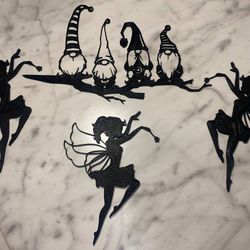 ALL NEW Black Unique Fairy n Gnome Wall Art 4 Piece Set Home Garden or Office