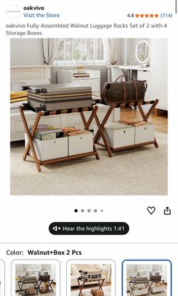 oakvivo Fully Assembled Walnut Luggage Racks Set of 2 with 4 Storage Boxes. BRAND NEW!