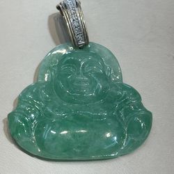 14K Gold | Green Jade Buddha Pendant w/Diamonds