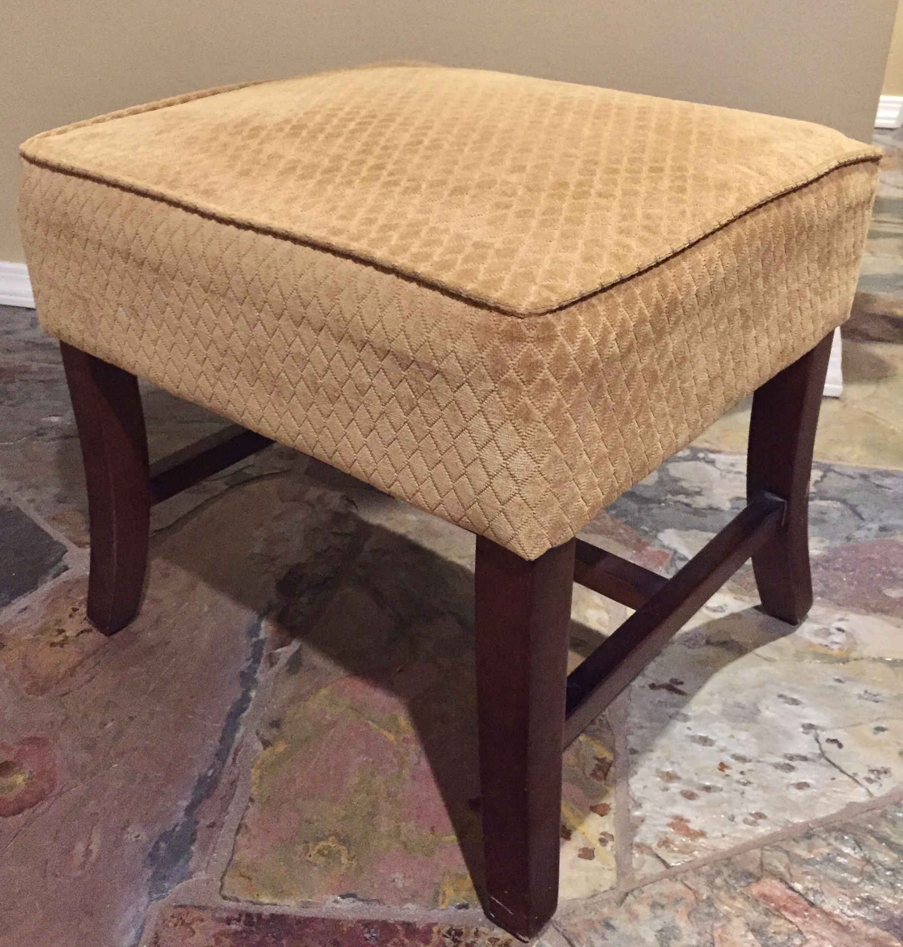 OTTOMAN - (Excellent Condition, Perfect Beige/Gold Upholstery,  Dark Wood)