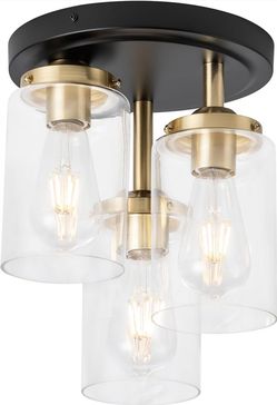 Semi Flush Mount Ceiling Light, 3-Light Clear Glass Shade Ceiling Light Fixture, Gold Finish Cluster Cylinder Ceiling Light Fixtures for Kitchen Dinin