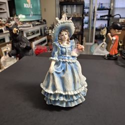 Gorgeous Victorian Lady In S Blue & White Ornate Ruffled Sparkling Dress Holding A Bouquet Of Pink Roses, By Italsav Avezzano Italy 🇮🇹  8.5"H