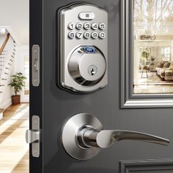 Veise Fingerprint Door Lock with 2 Lever Handles - Keyless Entry Door Lock, Electronic Keypad Deadbolt, Digital Smart Code & Front Handle Sets