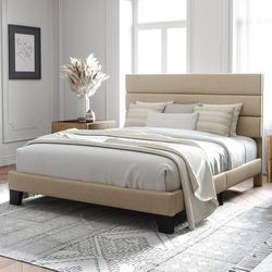 Full Size Platform Bed Frame with Fabric Upholstered Headboard and Wooden Slats 