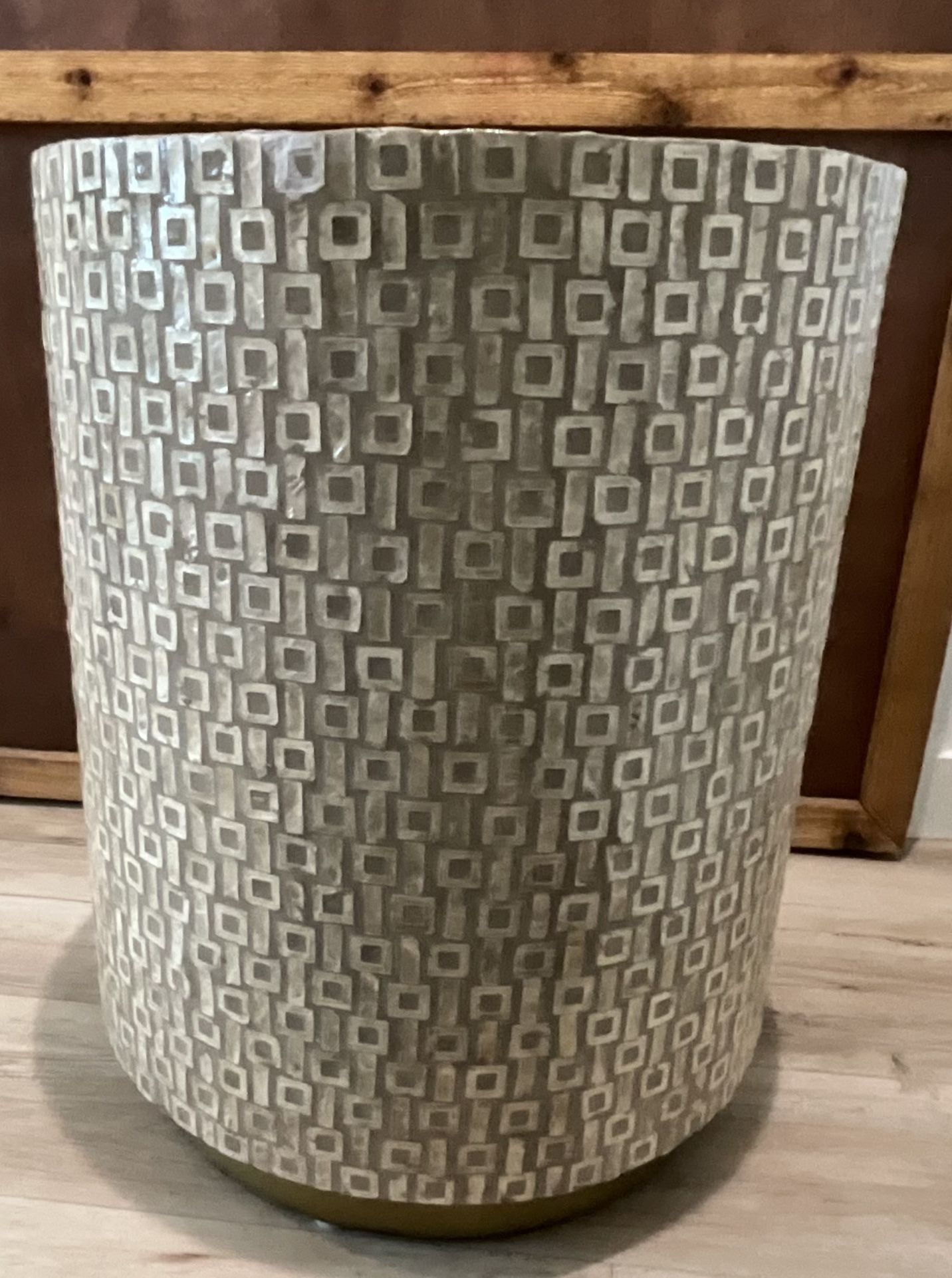 Contemporary Mother of Pearl Shell Accent Table - Geometric Mosaic Drum Side Table with Gold Base