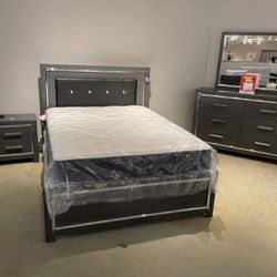 New 🌀LODANNA GRAY LED PANEL BEDROOM SET(QUEEN BED, DRESSER WİTH MİRROR, NİGHTSTAND)