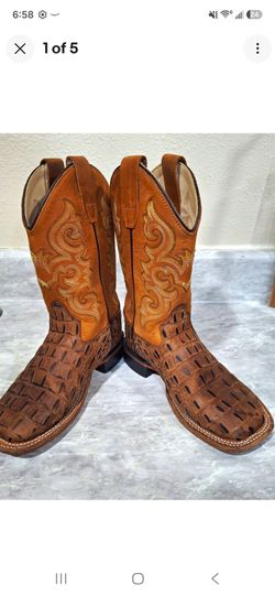 Old West Brown Boots crocodile/caiman Print Square Toe Size 12.5-D For Boys Leather