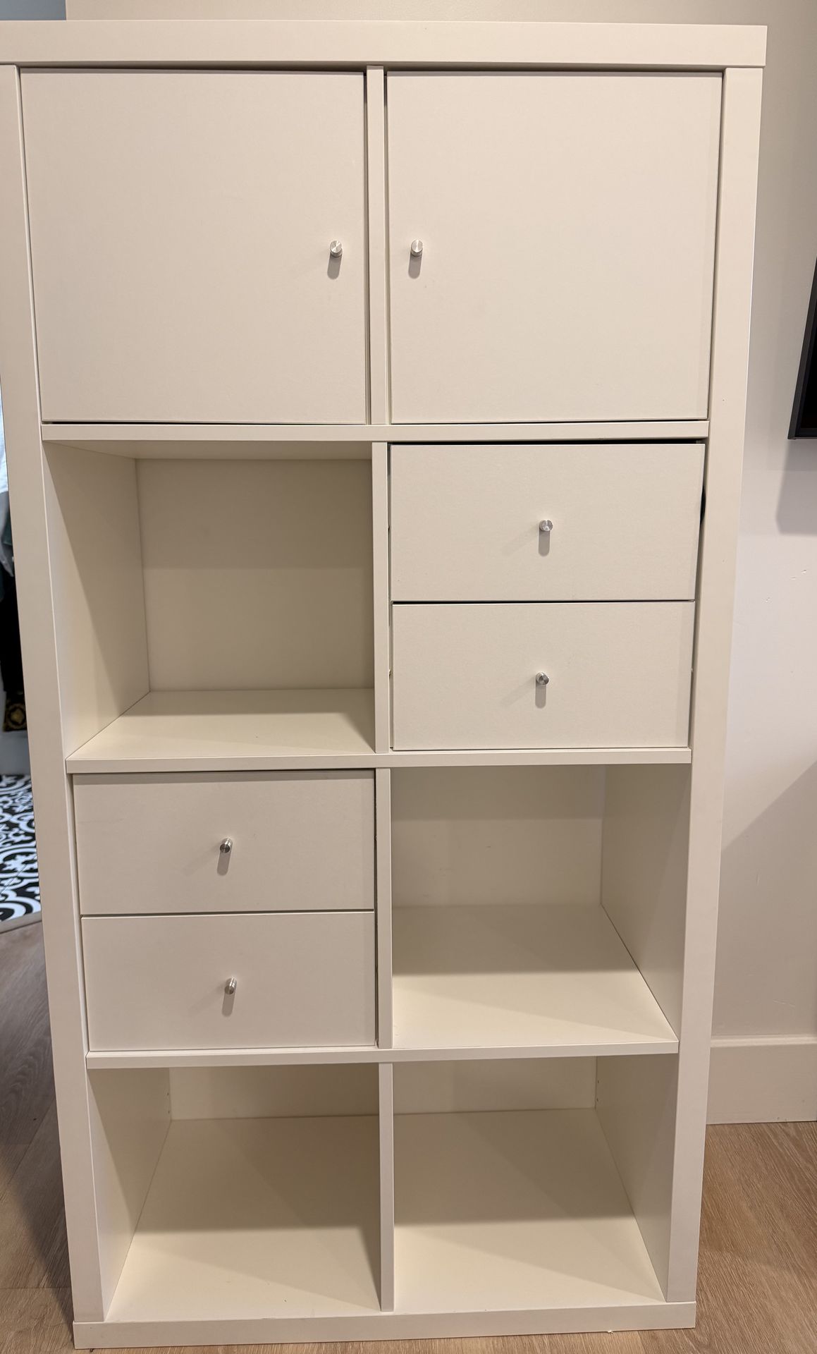 Modern White Storage Cabinet with Drawers and Shelves