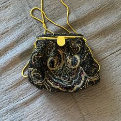 Beaded Fancy Handbag with Gold-Tone Strap