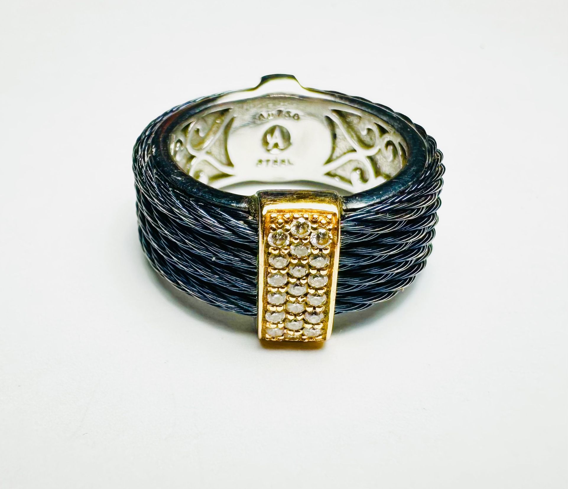 ALOR SIGNATURE BAND RING 750 Gold and STEEL with Diamonds Size 7