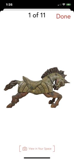 39” Vintage Carved Wood & Brass Horse Sculpture 