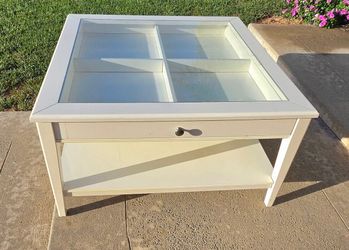 White Wood Coffee Table with Glass Top