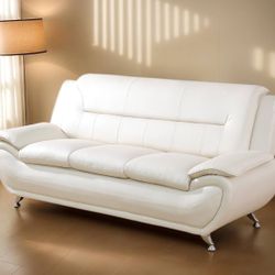Faux Leather Sofa White 3 Seater Large Soft Couch with Pillow Top Armrests Modern for Living Room 