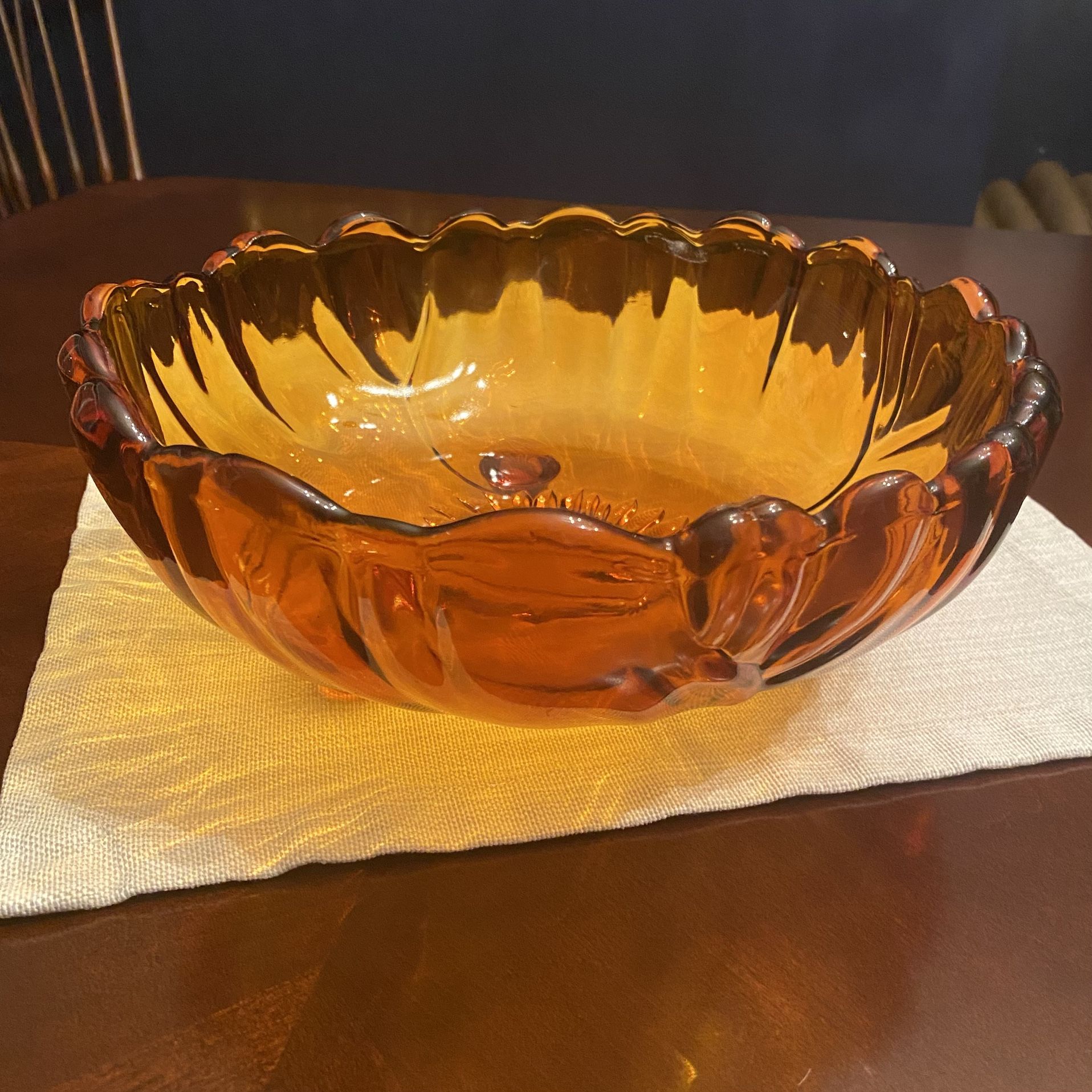 Vintage Amber Glass Bowl – Thick Glass – 11” Wide