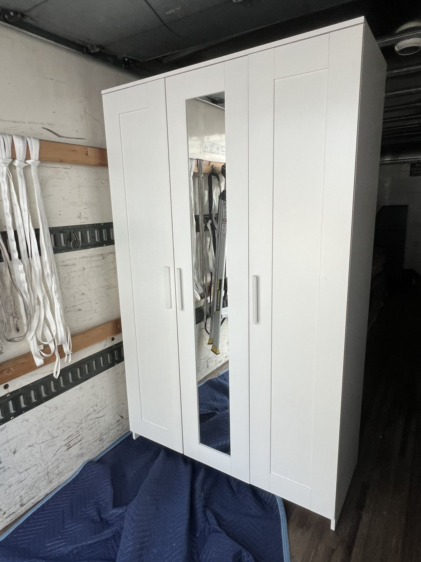 Modern White Wardrobe Closet w/ Mirror (3 Door Storage Cabinet)