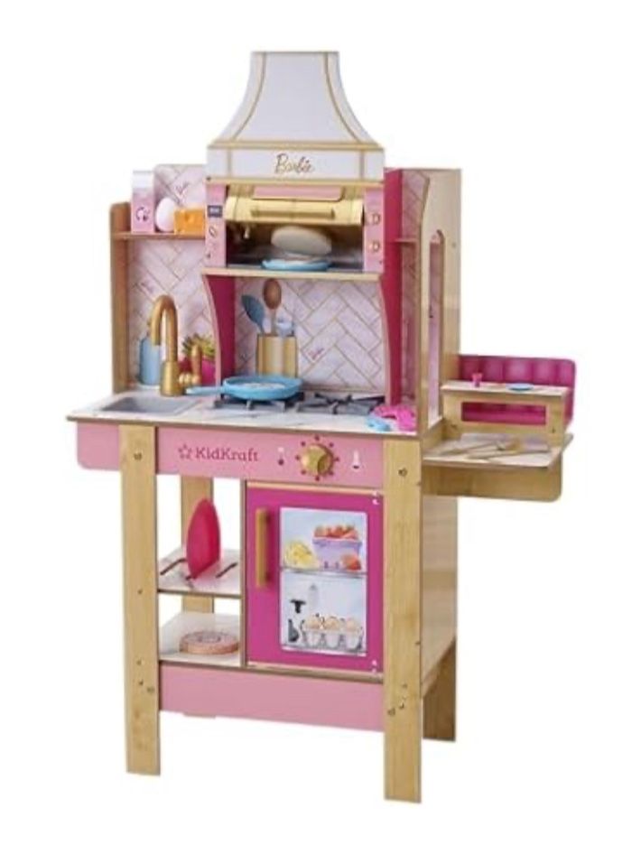 KidKraft Cook with Barbie™ Wooden Play Kitchen with Lights, Sounds, Water-Reveal Food and 30 Accesso