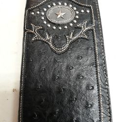 Black Long Real Leather Wallet With Small Star & Tan Stitching.  7 1/2" L  x 3 1/2" W