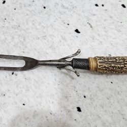 Antique Carving Fork with Deer Antler Handle and Retractable Guard