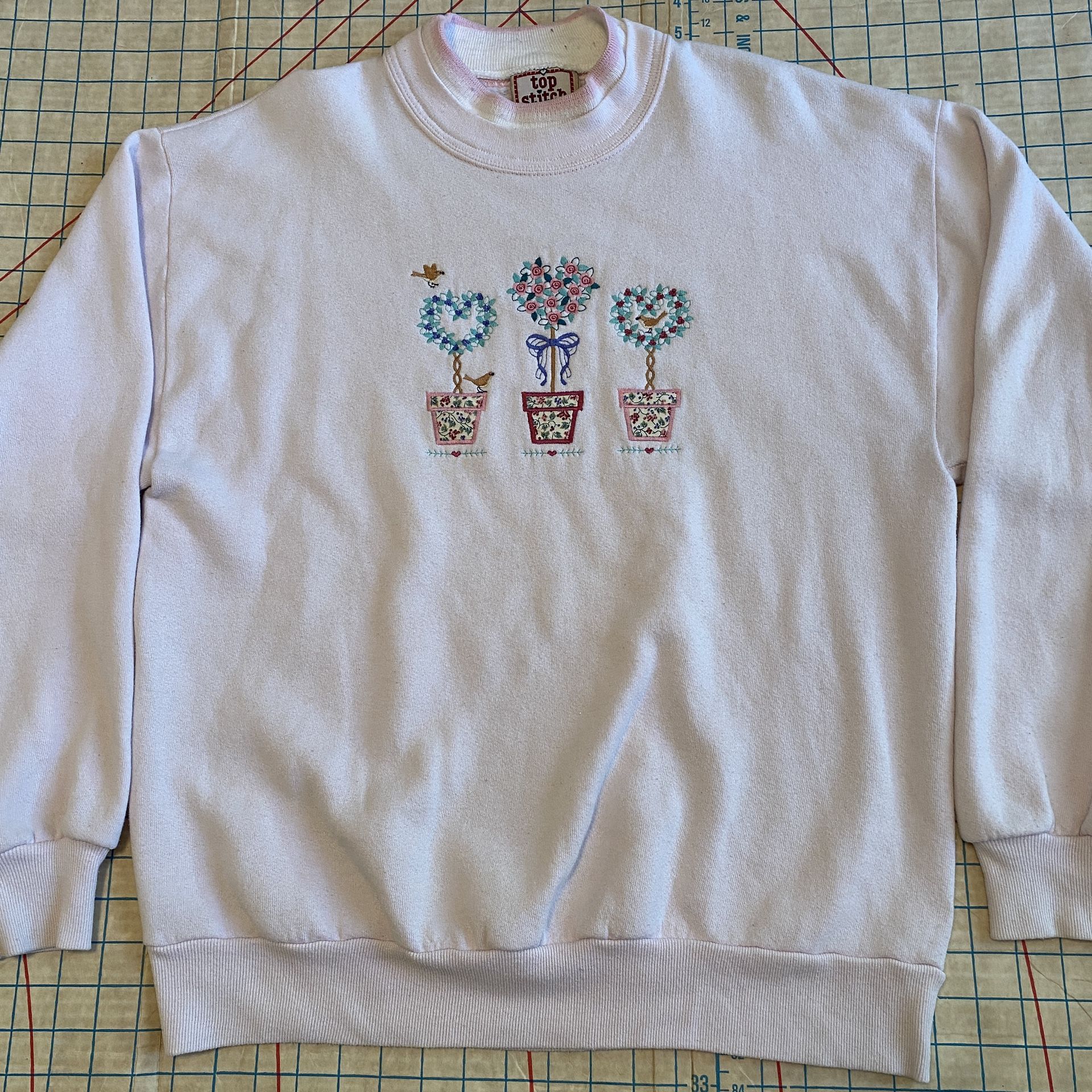 VTG Top Stitch Morning Sun Pink Sweatshirt Heart Shrubs Grandma Sweater USA L