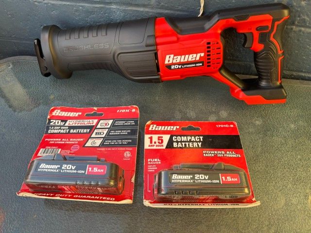 BAUER 20V Brushless Cordless Reciprocating Saw with 2 battery 1.5 ah  in charger 