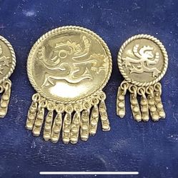 Vintage Maricela Sterling Silver Pre Columbian Figure Brooch & CLIP ON EARRINGS