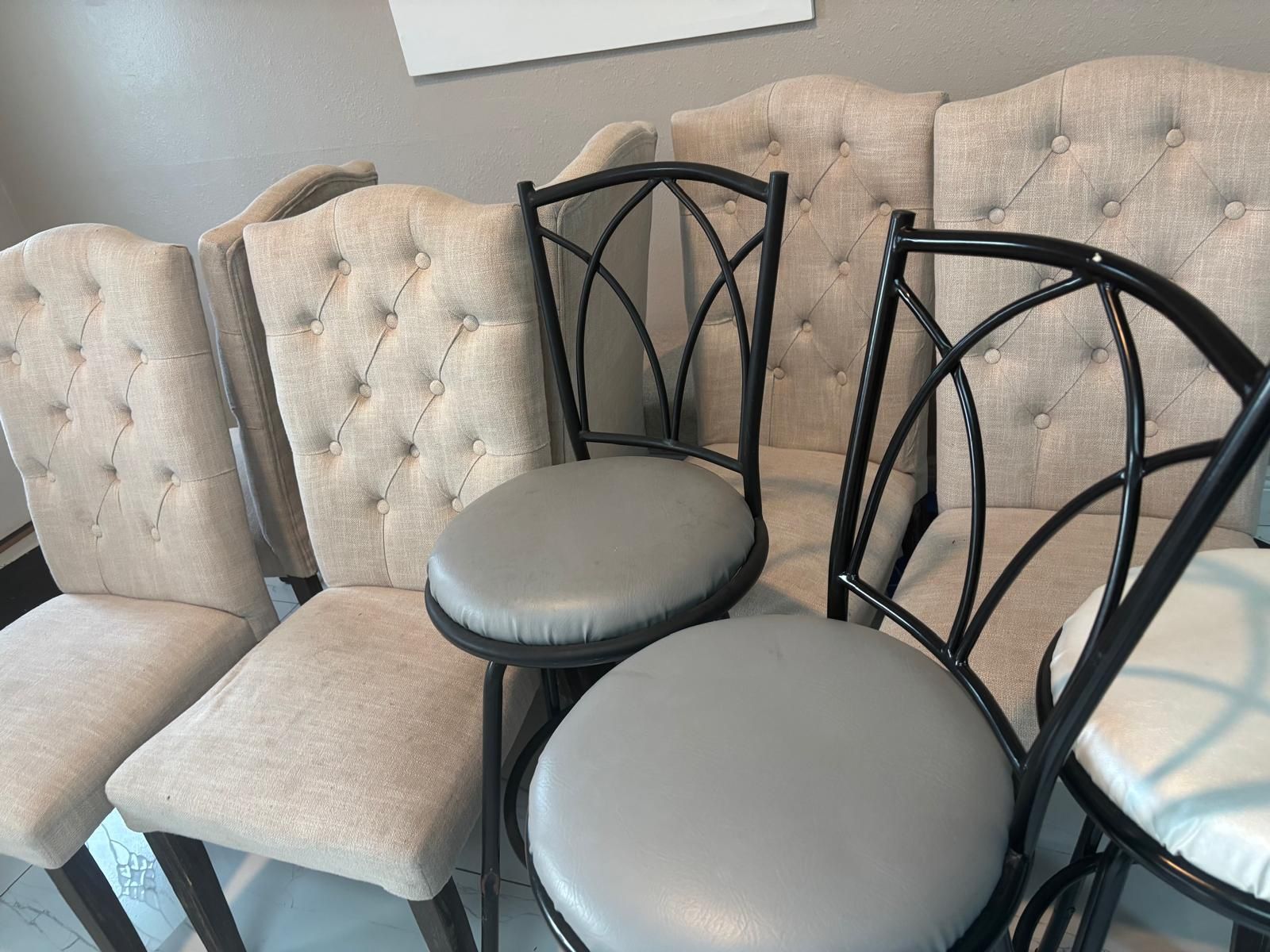 Set of 6 Wooden Dining Chairs and Set of 3 Bar-Height Stools