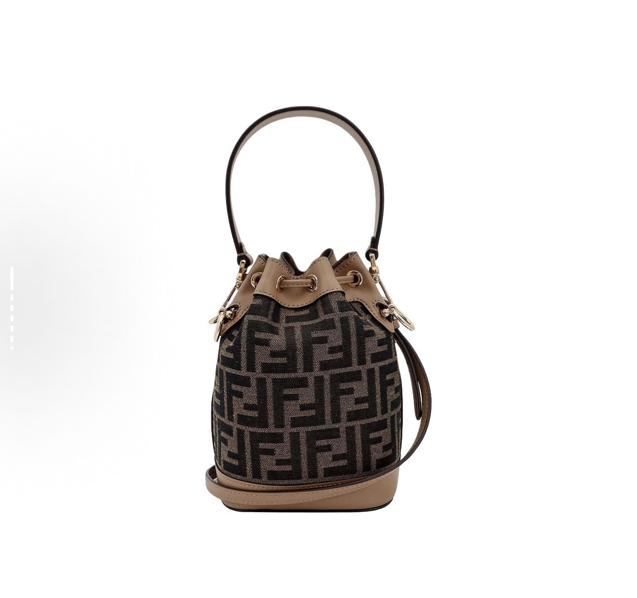 FENDI Mon Tresor detachable shoulder strap drawstring open and close FF fabric calfskin bucket bag handbag cross-body bag shoulder bag(61)48