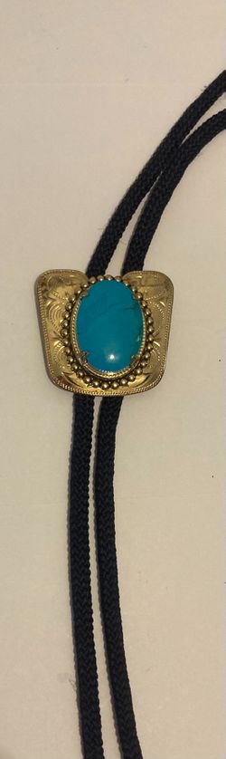 Vintage Metal Bolo Tie, Nice Silver and Blue Turquoise Stone Design, Nice Design, Quality, Heavy Duty, 1 3/4" x 1 3/4", Country & Western, Cowboy, Wes