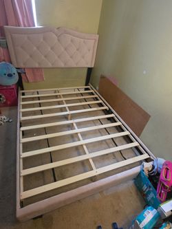 Full Size Upholstered Bed Frame with Rivet Design, Modern Velvet Platform Bed with Tufted Headboard,Pink