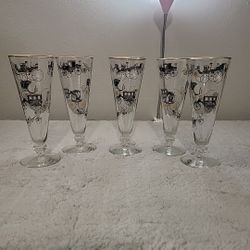 Libbey Fluted Champagne Glasses Footed Horse Carriage MCM (5 Avail) (V)