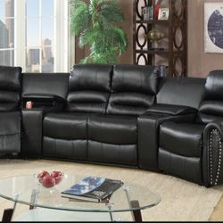 Brand New Black Leather Reclining Sectional Sofa