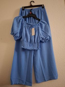 Blue Smocked Crop Top and Wide-Leg Pants Set