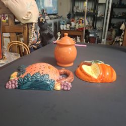 Autumn Themed 3PC Ceramic Kitchen Decor, Glazed Finish Molded Into Semi-flat Pumpkin, Gourd & Fruits & Pumpkin Scented Covered Jar
