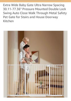 New Fairy Baby gate. Has 40.5 inches tall and adjusts from 54.8 to 60.2 inches wide. Metal pressure mounted design with walk through door. Great for d